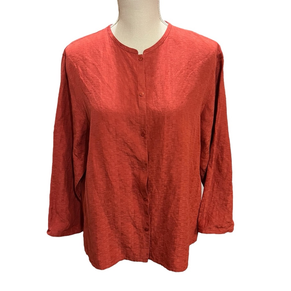 Eileen Fisher Rust Red Silk Linen Textured Button-Down Shirt Lagenlook Large